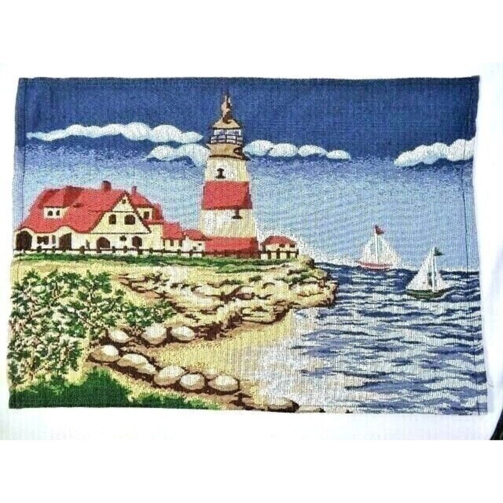 Beach House Lighthouse Tapestry Placemats 2pc Seashore Sailboats Blue Tan NEW